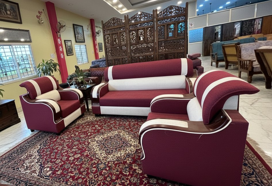 Modern Maroon & Cream Sofa Set (3+1+1) with Stylish Wooden Arm Design